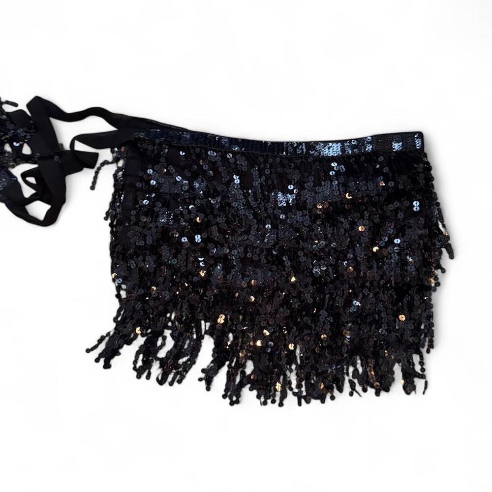 Black sequin fringe skirt with adjustable tie and slit